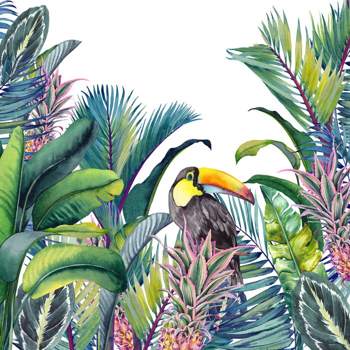 Sticker Tropical card with Toucan, palm trees, pineapples, banana and calathea leaves. Watercolor illustration on white background.