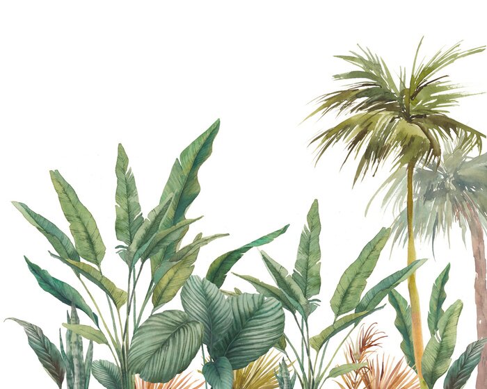 Sticker Tropical forest seamless border. Watercolor repeating wallpaper greenery design. Palm trees jungle scene. Hand painted background