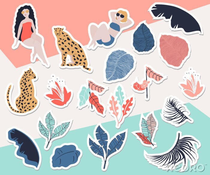 Sticker Tropical Girls with Cheetah sticker collection. Summer paradise in tropical jungles with wild animal, beautiful girl, and fantastic florals.