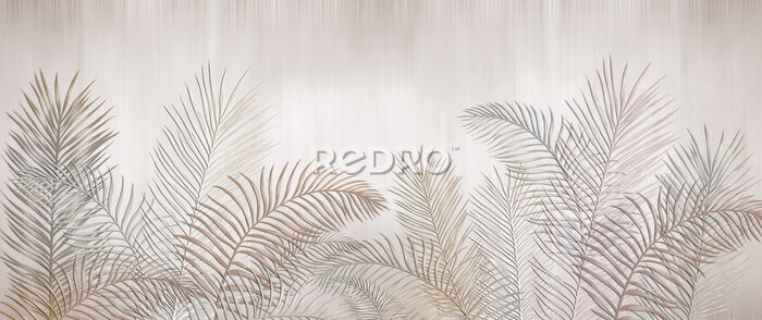 Sticker Tropical palm leaves. Beige leaves on a light background. Mural, Wallpaper for internal printing.