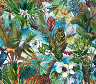 Sticker Tropical pattern with tiger and tropical flowers. Seamless pattern with orchids and wild cat.