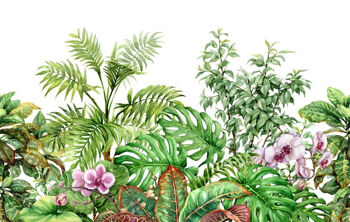 Sticker Tropical Plants Line Seamless Pattern