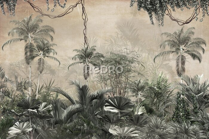 Sticker Tropical trees and leaves wallpaper design in foggy forest - 3D illustration