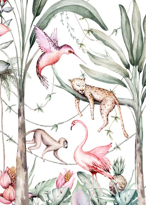 Sticker Tropical watercolor birds hummingbird, monkey and jaguar, exotic jungle plants palm banana leaves flowers, flamingo baby shower wedding invitation background