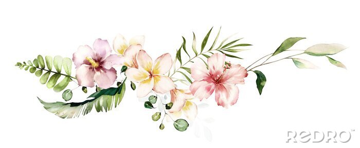 Sticker tropical watercolor herbal branch with leaves and flowers