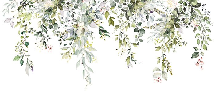 Sticker Tropical watercolor herbal branch with leaves . Card with nature