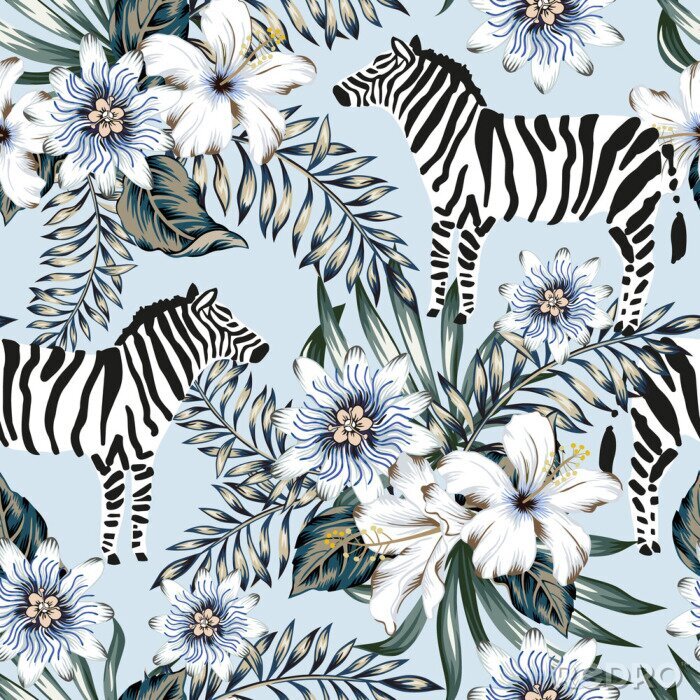 Sticker Tropical zebra, palm leaves, hibiscus, passion flowers bouquets, light blue background. Vector seamless pattern. Graphic illustration. Exotic jungle. Summer beach floral design. Paradise nature