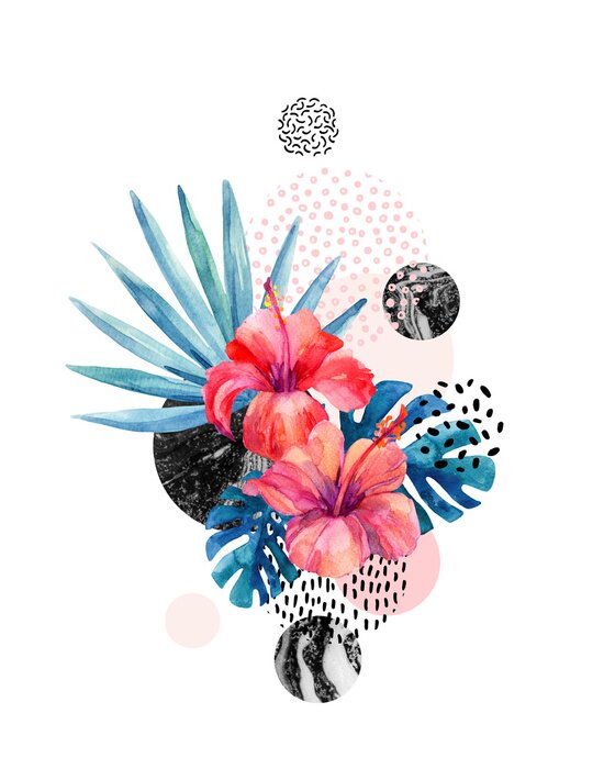 Sticker Tropische Blumen des Aquarells auf geometrischem Hintergrund mit Marmorierung, Gekritzelbeschaffenheiten