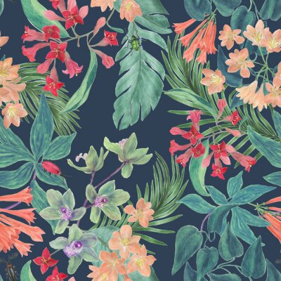 Tapete Tropische Blumen und Blätter auf marineblauem Hintergrund