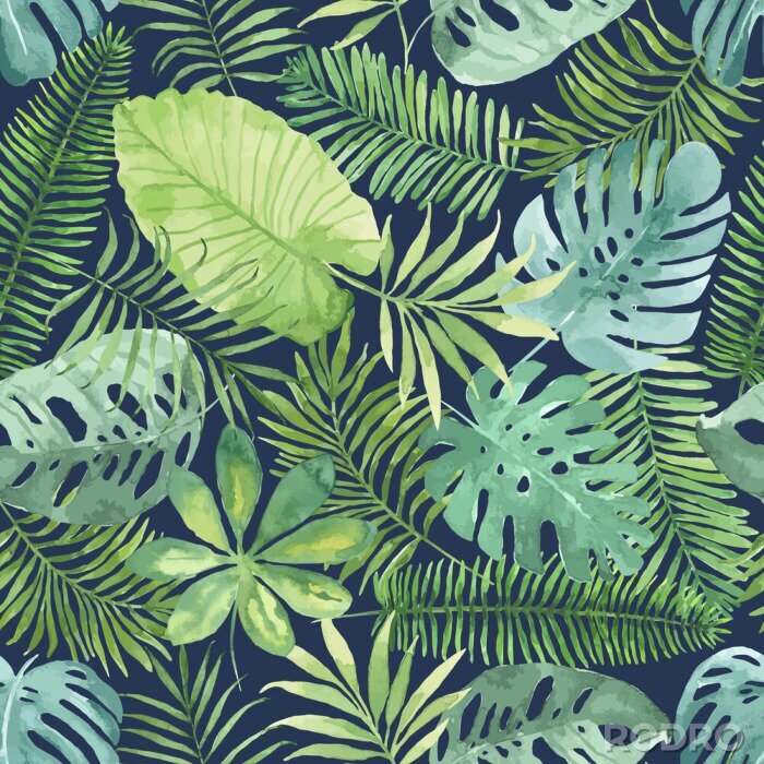 Sticker Tropische nahtlose Muster mit Blättern. Aquarell-Hintergrund mit tropischen Blättern.