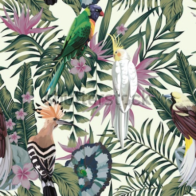 Sticker Tropische Vögel Papagei Wiedehopf, exotische Dschungelpflanzen Blätter Blumen abstrakte Pastellfarbe nahtlosen weißen Hintergrund
