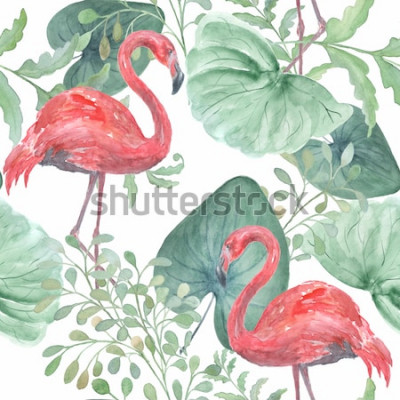 Sticker Tropisches Muster des nahtlosen Aquarells mit tropischen Blättern, Vogelflamingo auf einem weißen Hintergrund.