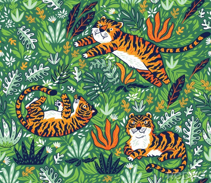 Sticker Tropisches nahtloses Muster mit lustigen Tigern in der Karikaturart. Vektor-Illustration