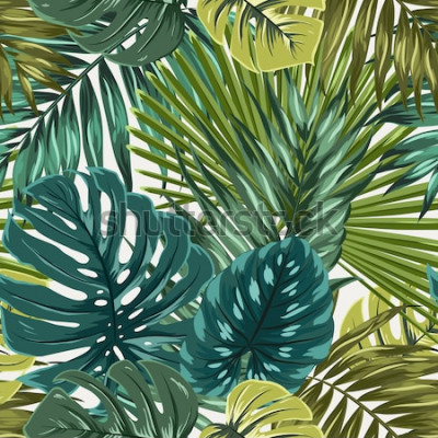 Sticker Tropisches Regenwaldpalmenmonstera lässt nahtlose Musterbeschaffenheit der Tarnung. Hellgrünes Türkisblau auf beige Hintergrund. Ferienfeiertagsparadiesinsel. Botanische vektorauslegungabbildung.