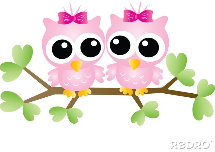 Sticker two adorable pink owls sitting on a branch