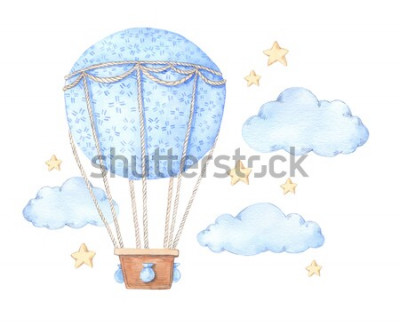 Sticker Übergeben Sie gezogene Aquarellillustration - Heißluftballon im Himmel. Perfekt für Babydrucke, Poster, Einladungen etc