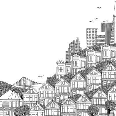 Sticker Übergeben Sie gezogene Schwarzweißabbildung von San Francisco mit viktorianischen Häusern und leeren Raum für Text