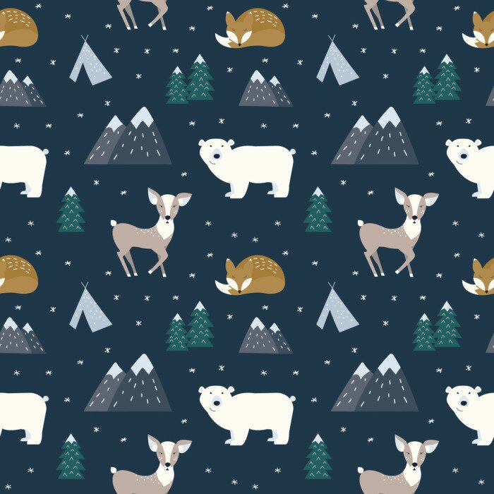 Sticker Übergeben Sie gezogene skandinavische Tiere im Wald, nahtloses Muster. Traditionelle Motive im skandinavischen Stil. Vektor-Illustration.