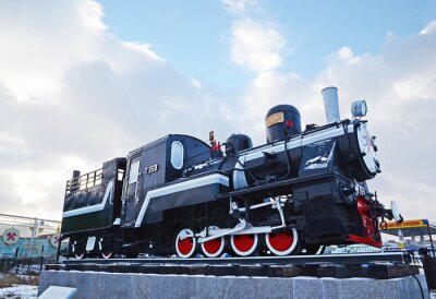 Sticker Ulan-Bator, Mongolei-Dez, 02 2015: Dampflokomotive Reihe T-159. Museum der Eisenbahnausrüstung in Ulaanbaatar. Mongolei