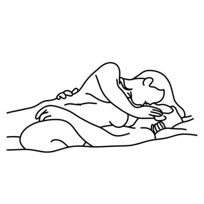 Sticker umreißen Sie das nackte Paar, das auf Bettvektorillustrations-Skizzenhand küsst, die mit den schwarzen Linien gezeichnet werden, lokalisiert auf weißem Hintergrund