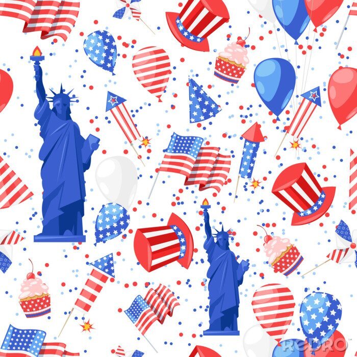 Sticker USA nahtlose Muster. Vektor drucken Hintergrund. Amerikanische Nationalsymbole, Feier Unabhängigkeitstag