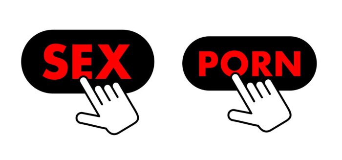 Sticker User is using computer and internet fot visiting website and webpage with pornography, porn and pornographic sexual content.. Cursor is clicking on the button with text. Vector illustration.