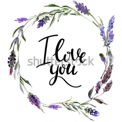 Sticker Valentine Blumenkranz. Aquarellblumenillustration mit Aufschrift ich liebe dich