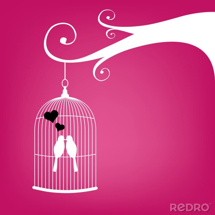 Sticker Valentinstag-Karte mit Vintage Birdcage und ein paar Vögel.