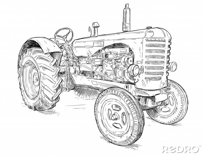 Sticker Vector artistic pen and ink drawing of old tractor. Tractor was made in Scotland, United Kingdom in between 1954 - 1958 or 50's.