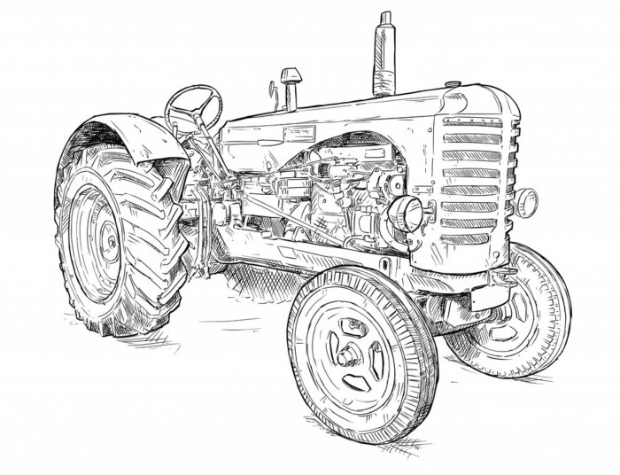Sticker Vector artistic pen and ink drawing of old tractor. Tractor was made in Scotland, United Kingdom in between 1954 - 1958 or 50's.