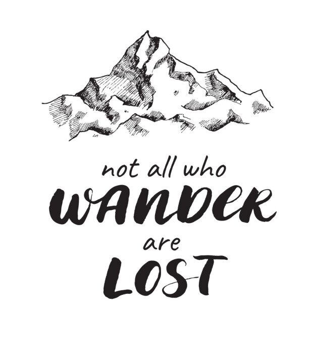 Sticker Vector Berg Skizze Zeichnung mit handschriftlichen Zitat.