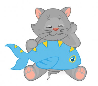 Sticker Vector Cartoon kleines Kätzchen mit Fisch
