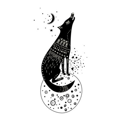 Sticker Vector childish hand-drawn illustration. Wolf sitting on a planet in space and howling at the moon. Black and white