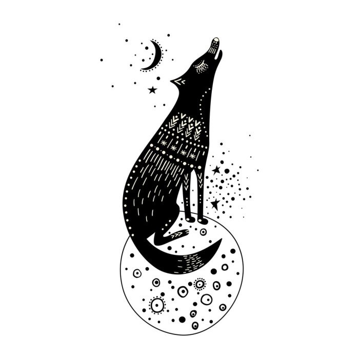 Sticker Vector childish hand-drawn illustration. Wolf sitting on a planet in space and howling at the moon. Black and white