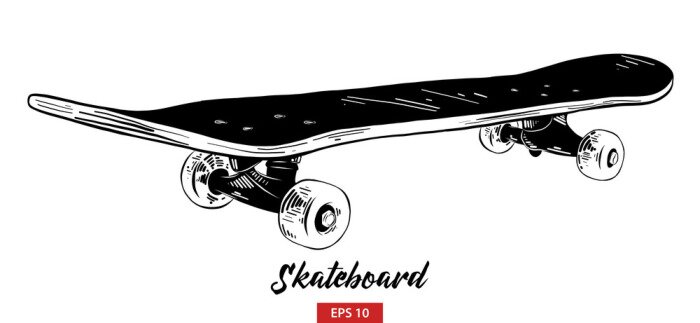 Sticker Vector engraved style illustration for posters, decoration and print. Hand drawn sketch of skateboard in black isolated on white background. Detailed vintage etching style drawing.