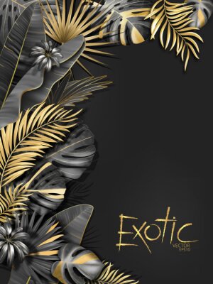 Sticker Vector exotical background with black and gold tropical leaves on dark gray background. Luxury exotic botanical design for spa, perfume,cosmetics, aroma, beauty salon etc.