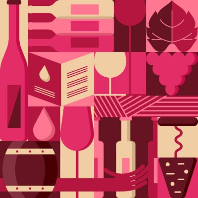 Vector flache geometrische Gestaltungselemente für Weinliste, Aufkleber, Verpackung, Bar oder Restaurantmenü. Bunter Hintergrund mit Weinflaschen, Glas, Weinrebe. Modische blockierende Illustration.
