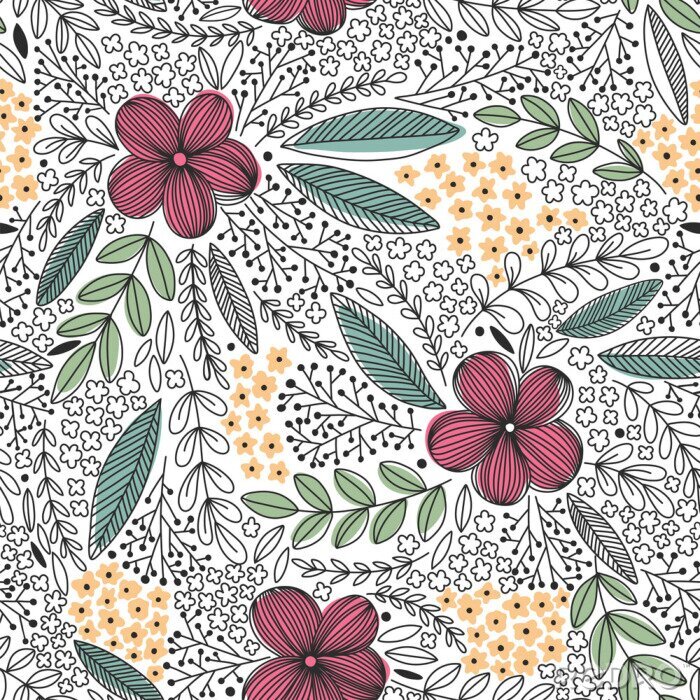 Sticker Vector floral Muster in Doodle-Stil mit Blumen und Blätter.