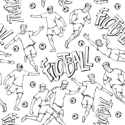 Sticker Vector Fußballspieler mit nahtlosem Muster der Ballskizze. Soccers Bewegung und Torhüter Sport einheitliche verschiedene Posen und Rennen. Schwarz-Weiß-Kontur Illustration und Inschrift gemalte Buchst