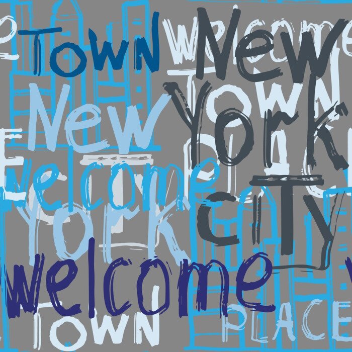 Sticker Vector graffiti seamless pattern with doodle building and words welcome, New York, city, town, place. Fashion hand drawing texture,  street art retro style for t-shirt, textile, wrapping paper.