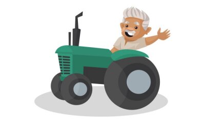 Sticker Vector graphic illustration. Farmer is driving a tractor and waving hand. Individually on a white background.