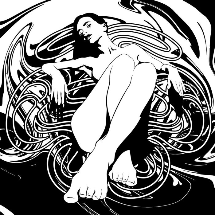 Sticker Vector hand drawn illustration of pretty girl with liquid texture and frame .