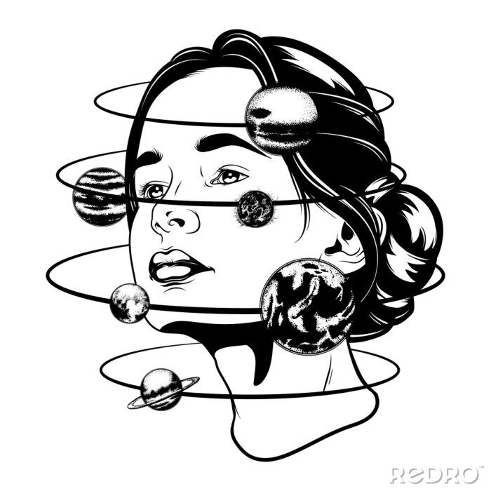 Sticker Vector hand drawn illustration of young beautiful woman,  geometrical composition and planets. Template for card, poster, banner, print for t-shirt.