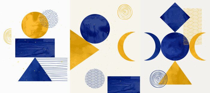 Sticker Vector illustration. Abstract contemporary aesthetic backgrounds. Design for poster, postcard, invitation card, flyer, brochure cover. Room wall decor. Blue watercolor paints with golden splash dots