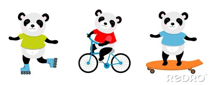 Sticker Vector Illustration des sportlichen Pandas auf einem Fahrrad, Rollschuhe, Rochen. Vervollkommnen Sie für Postkarte, Babybuch, Plakat, Fahne