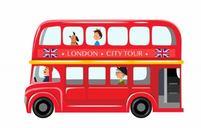 Sticker Vector illustration isolated on white background. English red double-decker bus side view flat style. Element infographic, website, icon, postcards, place for text. Cute and funny characters inside