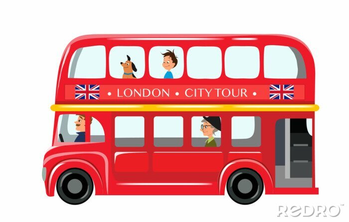 Sticker Vector illustration isolated on white background. English red double-decker bus side view flat style. Element infographic, website, icon, postcards, place for text. Cute and funny characters inside