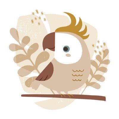 Sticker Vector illustration of cute cockatoo parrot with botanical background in trendy earthy colors.