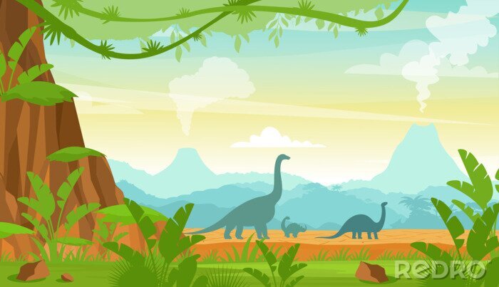 Sticker Vector illustration of silhouette of dinosaurs on the Jurassic period landscape with mountains, volcano and tropical plants in flat cartoon style.