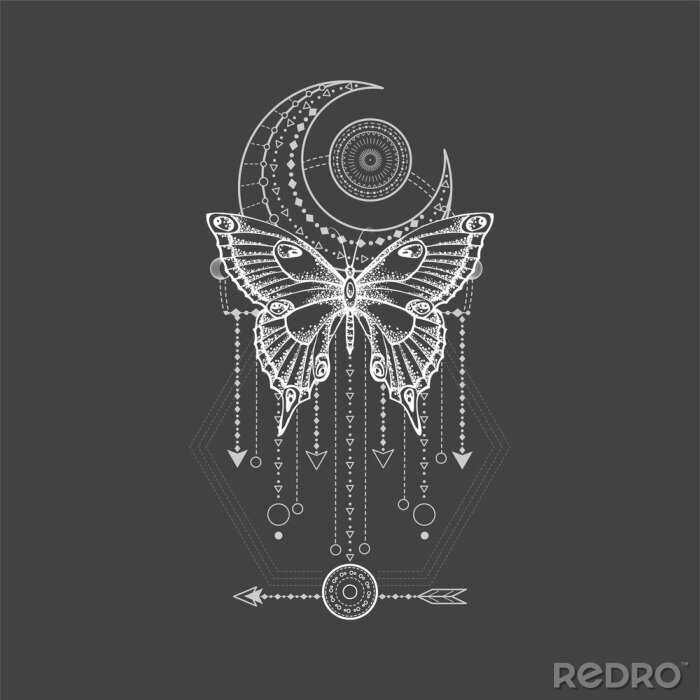 Sticker Vector illustration with hand drawn butterfly and Sacred geometric symbol on black background. Abstract mystic sign.